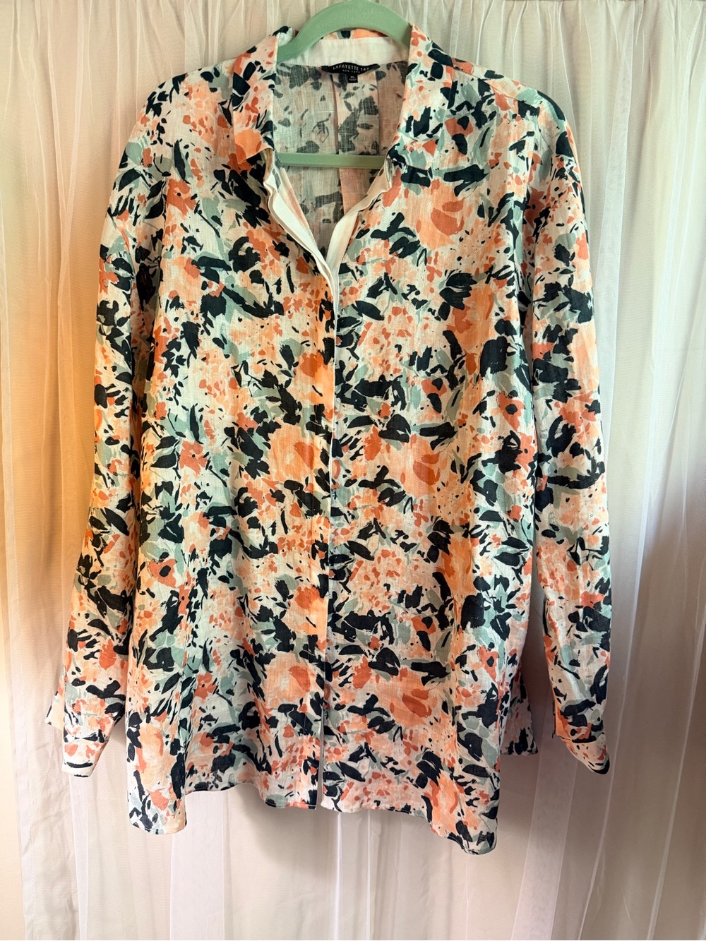 Lafayette 148 New York Peach and Teal Floral Button-Down Blouse 100% Linen